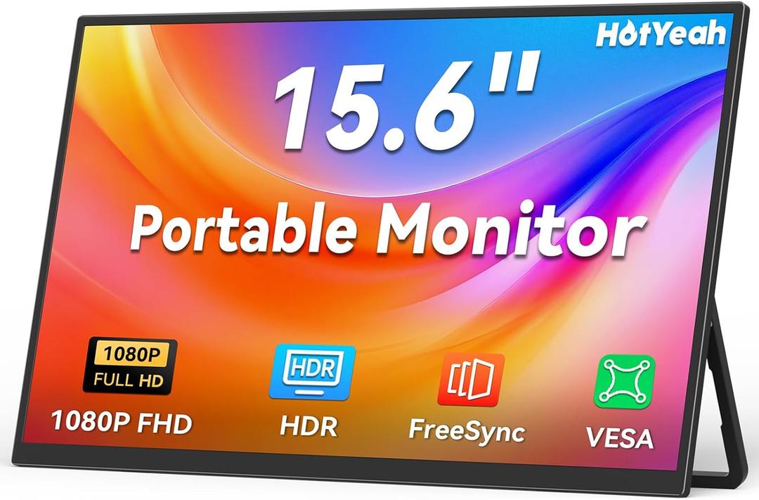 HotYeah Portable Travel Monitor, 15.6in 1080P FHD Laptop Monitor USBC HDMI External Computer Display FreeSync IPS w/Kickstand, Extra External Screen for Laptop PC Mac Phone Tablet Switch PS5 Xbox