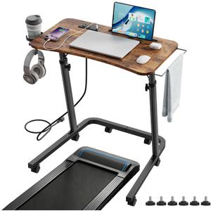Adjustable Height Standing Desk for Walking Pad, Mobile Treadmill Desk with Power Socket, Cup Holder, Portable Rolling Laptop Table with Wheels for Home Office Work Bike Cycling Trainer, Brown