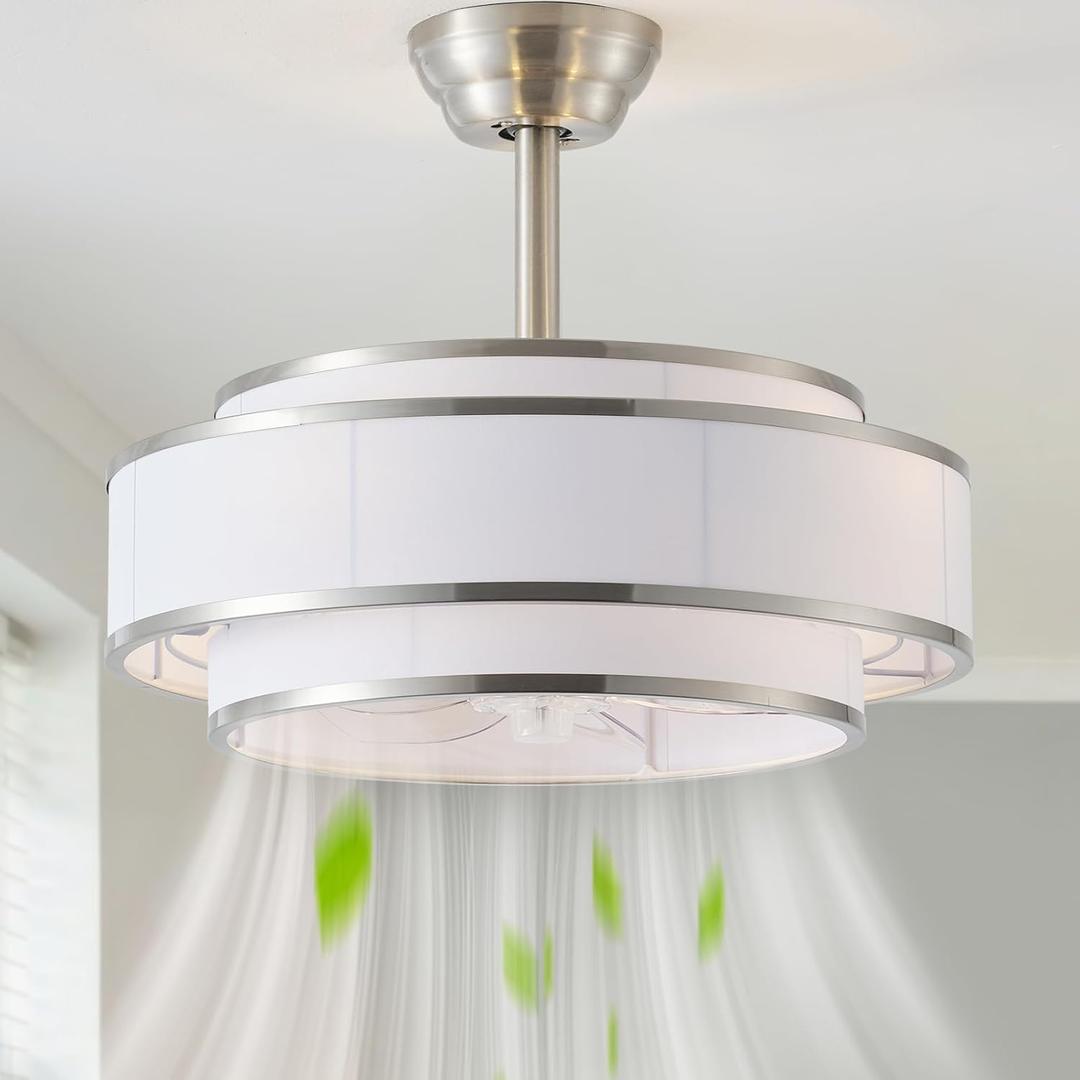 20" Caged Ceiling Fans with Lights and Remote, Fandelier Ceiling Fan with Light, Modern Bladeless Quiet Reversible Motor 6 Speeds for Bedroom, Nursery, Living Room, Silver