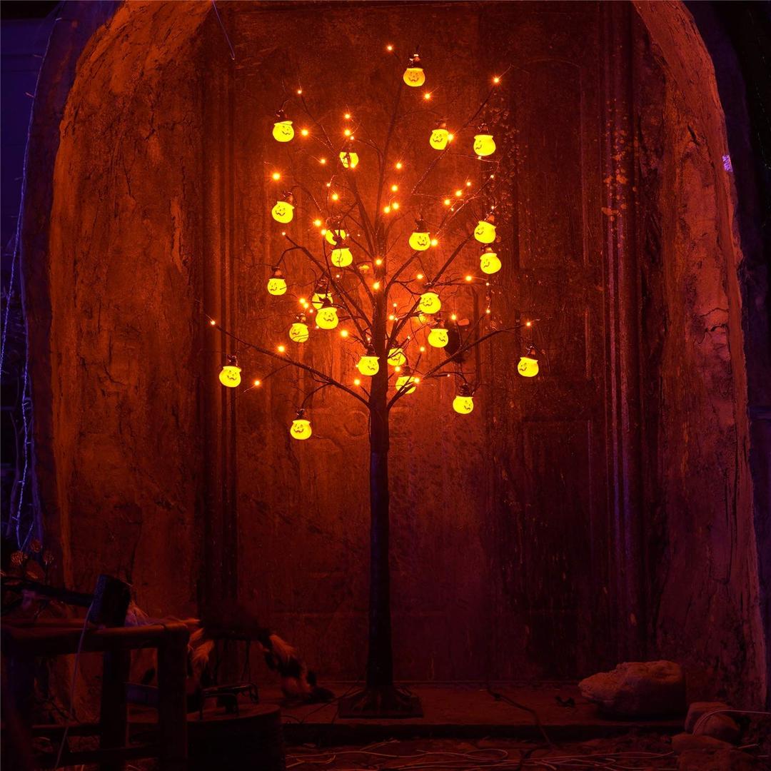 Twinkle Star 6FT Halloween Decorations Black Spooky Tree, Glittered with 96 LED Orange Lights and 24 Pumpkins, 24V 3.6W Low Voltage Lighted Artificial Tree for Indoor Holiday Party All Saints Day