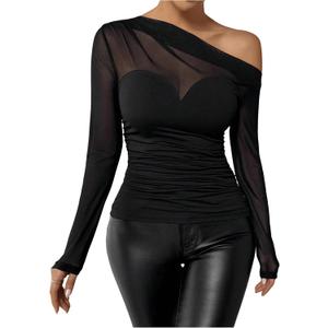 SweatyRocks Women's Off The Shoulder Sheer Mesh Long Sleeve Top Asymmetrical Neck Ruched Fitted Tees Shirt Tops (Black, L)