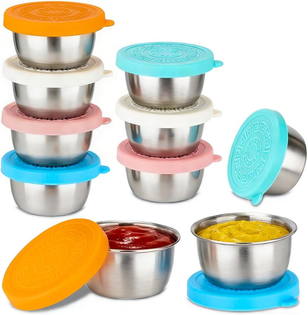 10 Pack 1.6 Oz Salad Dressing Containers To Go, Stainless Steel Small Condiment Containers with Lids, Reusable Leakproof Sauce Container Cups for Lunch Bento Box Picnic & Travel