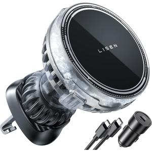 LISEN for 15w Fan MagSafe Car Mount Charger - [Fastest Cooling Charger] Magnetic Phone Wireless Charging Mount for iPhone 16/15/14/13/12 Pro Max/Plus/Mini - Ice Cooler Magnetic Phone Holder, Silver (Sliver)