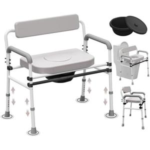 Adjustable Medical Bedside Commode Chair with Padded Backrest, Drop Arm Support Gray