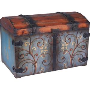 Household Essentials Vintage Wood Storage Trunk, Large, Blue Body/Brown Lid/Floral Design