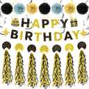 Black and Gold Birthday Decorations Kit, 22Pcs Happy Birthday Banner Pre-Strung, Hanging Swirls & Paper Flowers for 21st 30th 40th 50th 60th Milestone Birthday Party Supplies