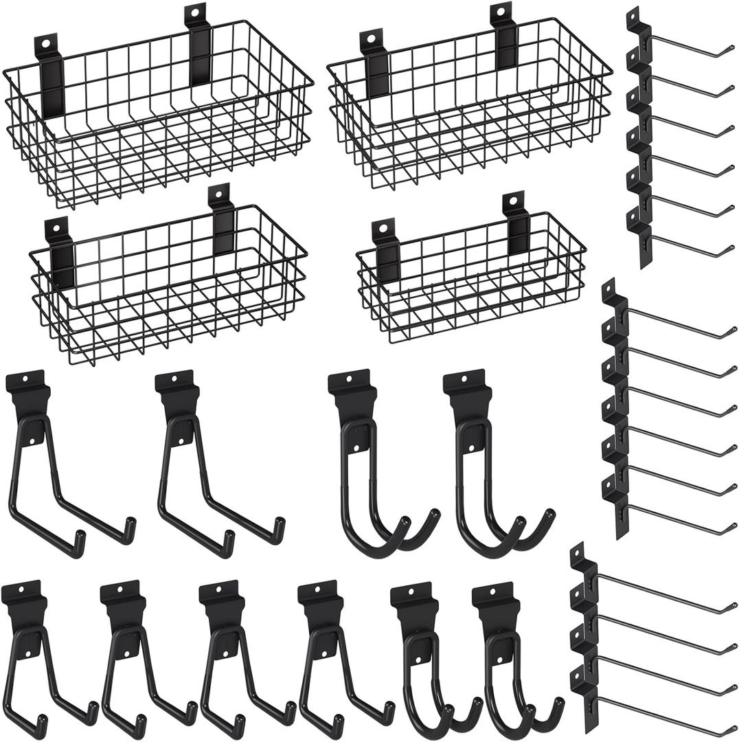 INCLY 30PCS Slatwall Accessories Set, Includes 4 Pack Ventilated Metal Wire Slatwall Baskets and 26PCS Multisized Heavy Duty Slatwall Hooks for Garage Organization Rooms Workshop Storage