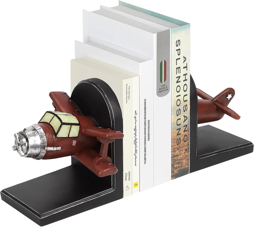 Airplane bookends Pilots Gifts,Airplane Decor Pilot Gifts for Men,Airplane Propeller Bookends Set for Aviation Lovers,Rustic Home Accessories Office Tudy Room Library Desktop Bookshelf