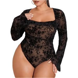 WDIRARA Women's Plus Size Floral Long Bell Sleeve Bodysuit Square Neck Mesh Body Suit (Medium, Black)