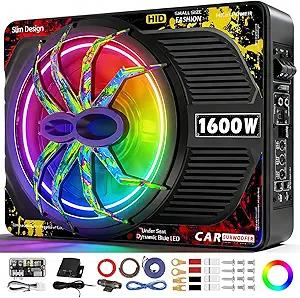 1600W Slim Underseat Car Subwoofer and Amp Package with RGB Beat-Synced Light, Built-in Class D Amplifier, Low Pass/Gain/Bass Boost Control, Cast Aluminum, Deep Bass for Truck SUV Jeep