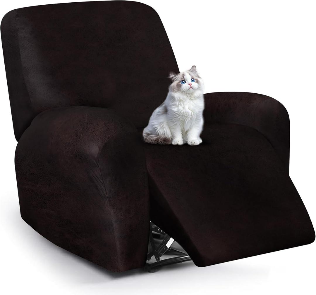 Leather Look Recliner Chair Covers, 4-Pieces Stretch Recliner Cover, Soft Reclining Chair Slipcover, Washable Furniture Protector for Large Lazy Boy Recliner (1 XL Seater, Chocolate)