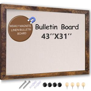 Large Magnetic Bulletin Board 43 x 31 Inch for Wall,Rustic Framed Cork Board with Linen for Home Office School,with 4 Push pins, 4 Magnets (Brown)