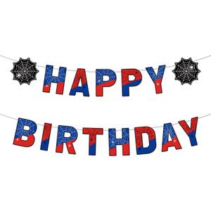 Spider Birthday Banner, Pre-Strung Spider Web Theme Happy Birthday Decoration Sign Cartoon Movie Hanging Bunting Garland for Boys Kids Party Baby Shower Decor Supplies