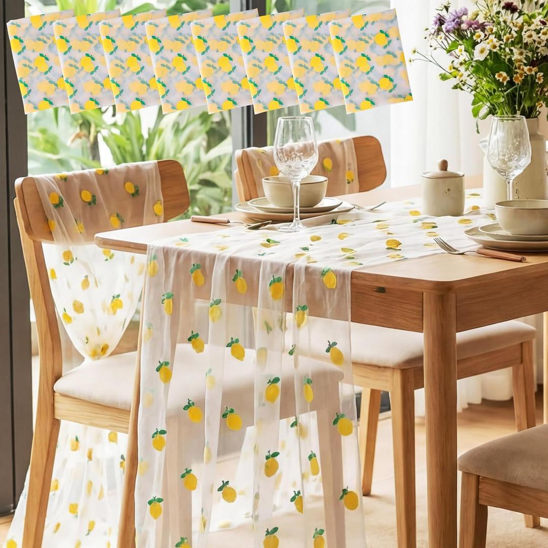 Moukeren 8 Pcs Tulle Table Runner 30 x 120 Inch Tulle Lace Cloth Rectangle Fruit Table Cover for Summer Birthday Baby Shower Wedding Party Home Kitchen Decor (Lemon)