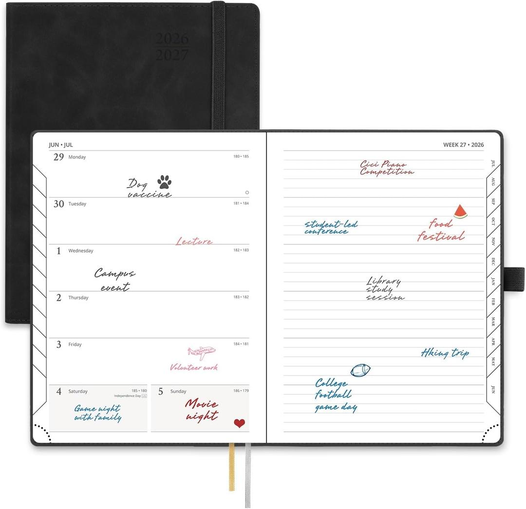 POPRUN Weekly Planner 2026-2027 (Medium 6.5''x 8.5'') Academic Calendar (JUL.26 - JUN.27) Appointment Book with Monthly Tabs, Leather Soft Cover, Inner Pocket, 100 GSM - Black