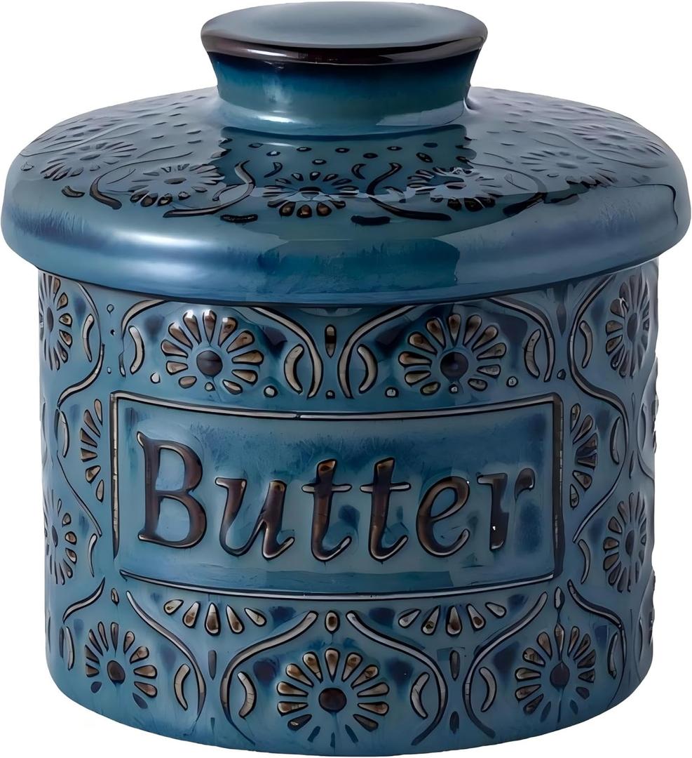 Ceramic Butter Crock with Lid, French Butter Dish with Water Line for Countertop, Butter Keeper for Spreadable Butter, Container Holder for Kitchen and Home Decor, 6.7 OZ, Vintage Blue