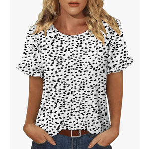 CRAZY GRID Womens Summer Tops Casual Crewneck Blouse Ruffle Short Sleeve T-Shirt Cute Floral/Solid Tunic Tops, size Lage