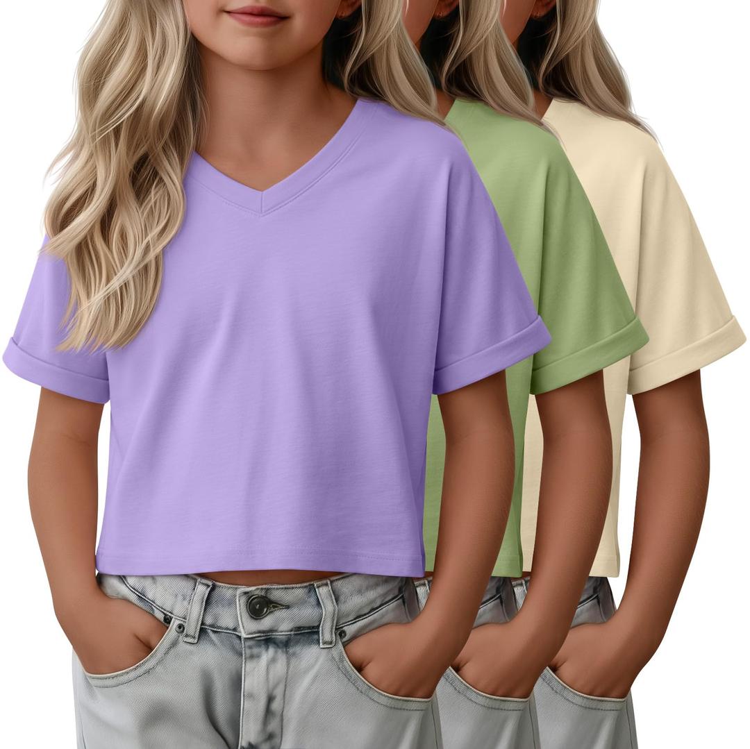 YooAurvox 3 Pack Girls Crop Tops, 3-Color, 9-10 Years