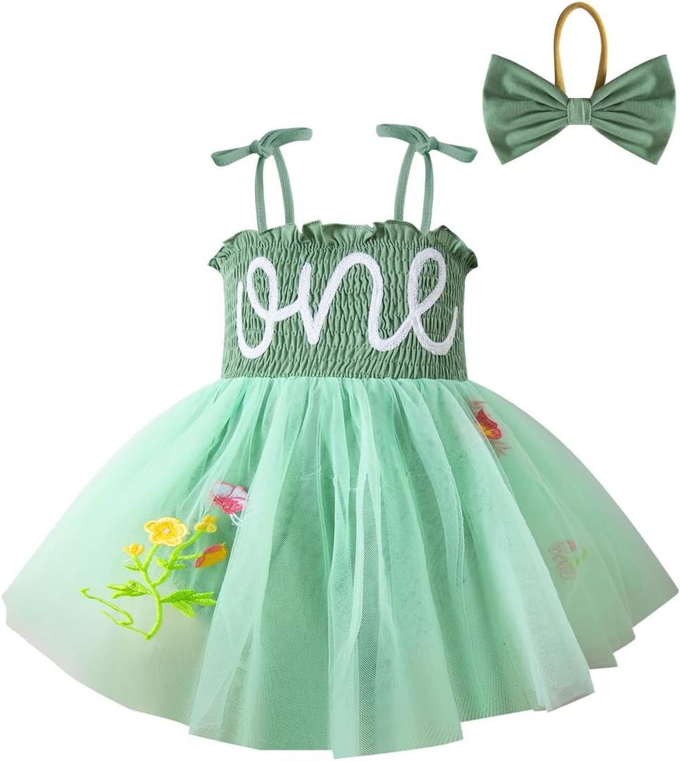 Baby Girl 1st Birthday Clothes One Year Old Tulle Romper Sleeveless Bodysuit Cake Smash Outfits (9-12 Months, Green)