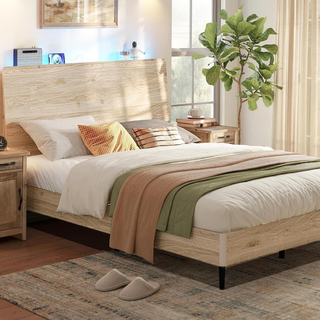 LINSY Wood Bed Frame, Full Bed Frame with Headboard LED, Wooden Platform Frames with Charging Station, No Box Spring Needed, Easy Assembly, Natural Wood