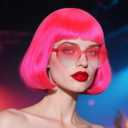 JoneTing Megenta Pink Bob Wig+Hair Cap+Sunglasses Neon Short Bob Wig Synthetic Party Wigs for Women Pink Funny Cosplay Wigs for Cosplay Halloween Party
