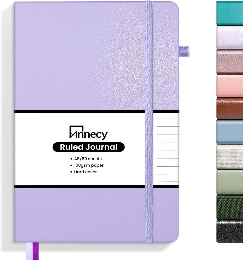 Annecy Lined Journal Notebook, Hardcover Leather Journal for Women & Men, 160 Numbered Pages, Medium 5.5" x 8.25", 100 GSM Thick Paper, Purple