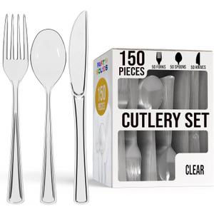 Party Solids Clear Plastic Silverware Heavy Duty 150 Pieces Clear Disposable Silverware Heavy Duty, Utensil Sets, 50 Of Each Forks, Knives & Spoons Disposable Cutlery Set For Party Supplies