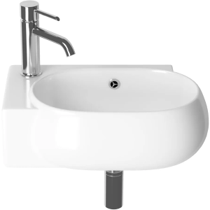 Wall Mount Bathroom Vessel Sink, 16.5’’ Floating Ceramic Basin for Small Bathroom with Faucet/Pop-up Darin/P-trap/Overflow, One-stop Shopping Modern Sink, Right Hand, White
