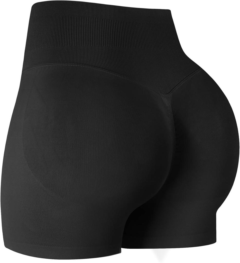 ATHVOTAR Workout Gym Shorts Women, High Waisted Seamless Butt Lifting Scrunch Butt Sports Shorts (Black, L)