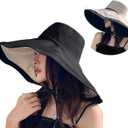 Packable Large Brim Sun Hat for Women - 6.7" Wide-Brim UV-Protection Women's-Sun-Beach-Hats with Strap (Medium, Black)