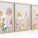 Watercolor Wildflower Wall Art Decor Colorful Flower Pictures Canvas Floral Botanical Wall Art Vintage Prints Poster Floral Painting Artwork for Living Room Bedroom 16x24 Inch Framed Set of 3