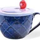 Ceramic Soup Mugs with Handles, 24 oz Microwave Safe Soup Mug/Cup with Lid, Large Soup Mug for Coffee, Cereal, Oatmeal, Salad, Ramen, Noodle, Soup, Housewarming Wedding Gift, Reactive Glaze Blue