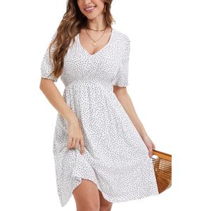Spicy Sandia Womens Midi Casual Dress Elastic Empire Waist Short Sleeve V Neck A Line Flowy Vintage Dress for Summer Spring (White, S)