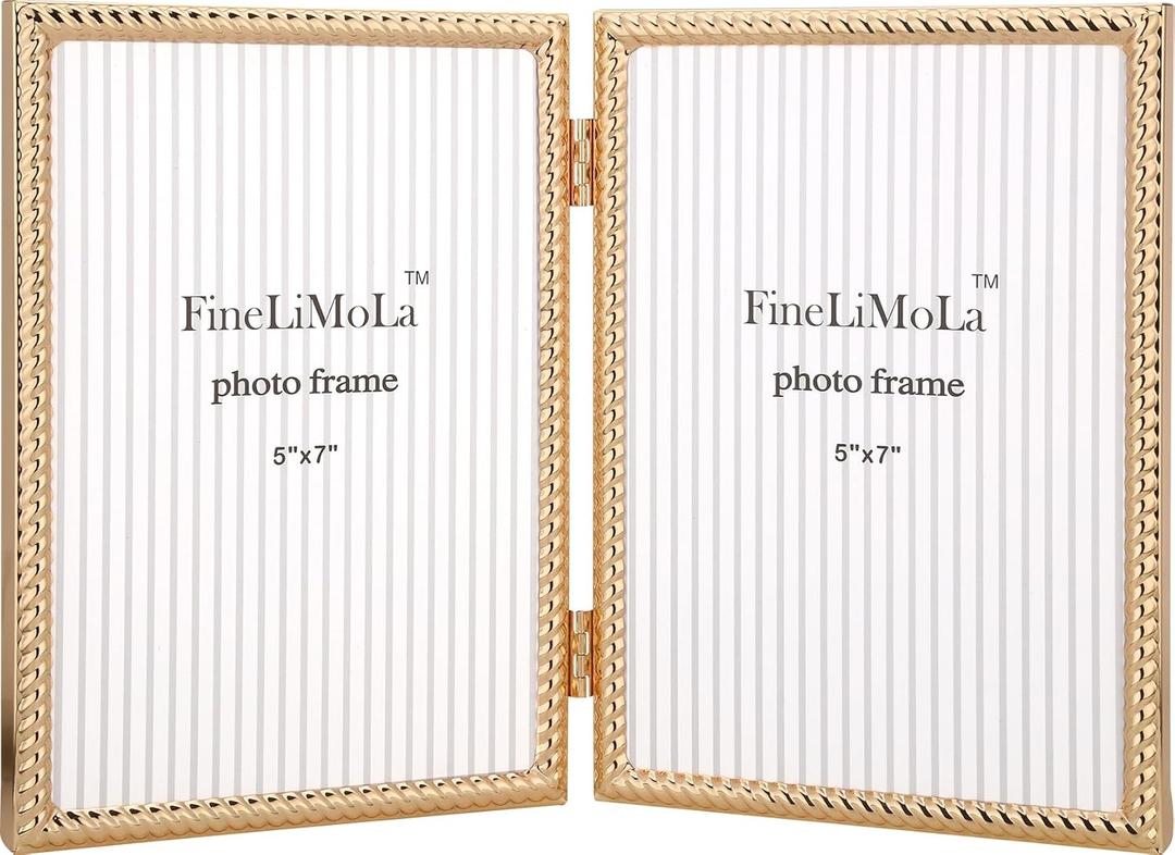 5x7''Double Frames Gold Rope Design Metal Photo Frame with black Velvet Backing and Real Glass Front,5x7'' Hinged Double Picture Frame for Tabletop and Shelf Display