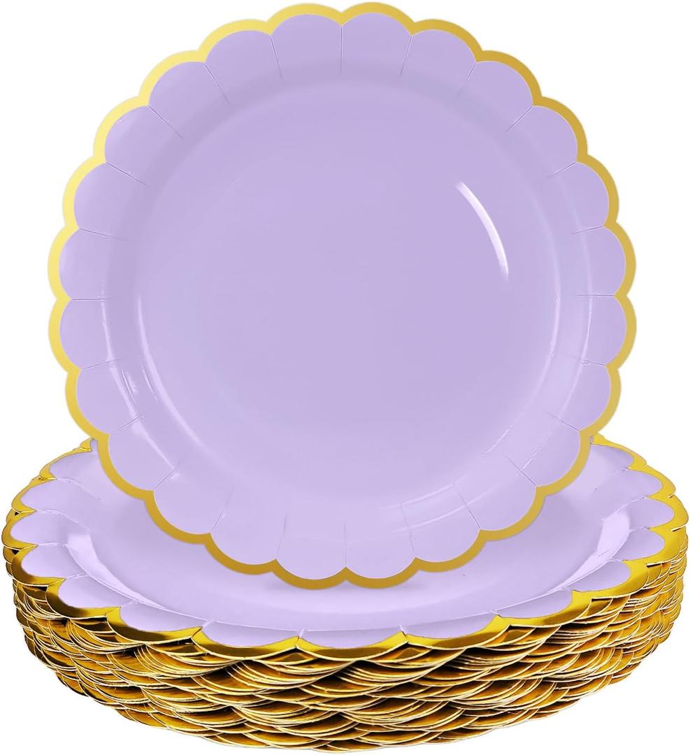 HEIPINIUYE 50 Pieces Lavender Paper Plates with Gold Foil 7 Inch Disposable Light Purple Scalloped Dinner Plates for Wedding Baby Shower Birthday Party Dessert Plate