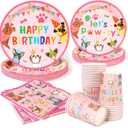 96pcs Dog Birthday Party Supplies Pink Pet Dog Paper and Napkins and Cups Baby Shower Dog Kids Birthday Party Decorations, Serves 24