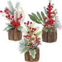 Lulu Home 3 Packs Christmas Table Decorations, Artificial Mini Christmas Trees Centerpieces with Red Berries Pine Cones for Xmas Tabletop Home Farmhouse Holiday Decor