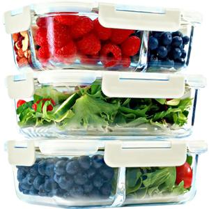 FIT Strong & Healthy Glass Meal Prep Containers, 1 & 2 & 3 Compartments Adult Bento Box, Beige Food Storage Containers with Lids, Leak-Proof, Oven & Freezer Safe, 35 oz, 3 Pack Lunch Box