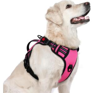rabbitgoo Dog Harness for Large Dogs, No Pull Pet Harness with Soft Padded Handle, Adjustable Reflective Vest with 3 Buckles, Easy Walking Harness with 2 Leash Clips, Pink, L