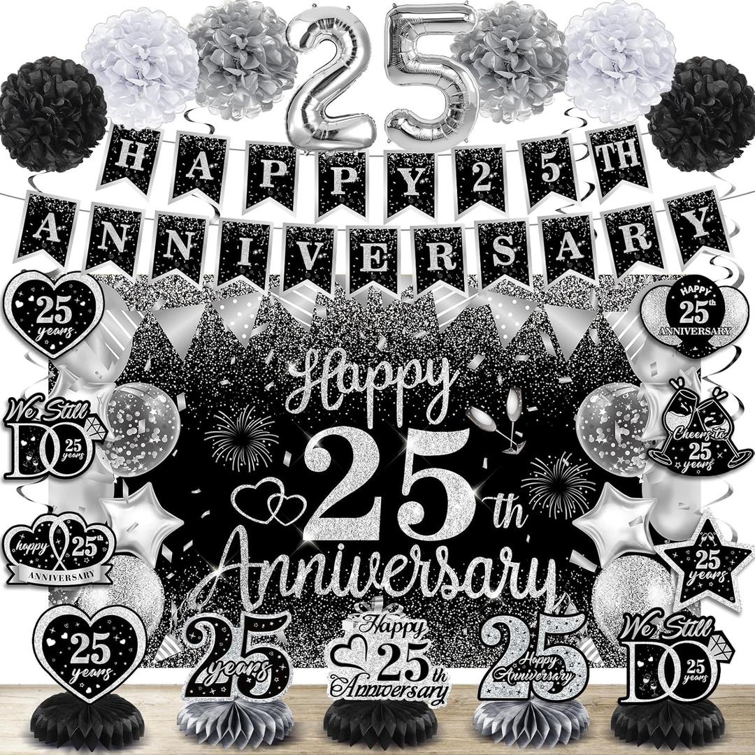 25th Wedding Anniversary Decorations Black Silver Happy 25th Anniversary Banner Backdrop Honeycomb Centerpiece Hanging Swirls Pom Poms for 25 Years Silver Wedding Party Decorations Supplies