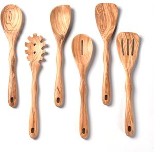 Gudamaye 12 inch Olive Wooden Utensils for Cooking, Long Handle Wooden Spoons for Cooking, 6 PCES Crafting Wooden Spoon Set, Wooden Kitchen Utensil set, Natural Olive Wood utensil Set