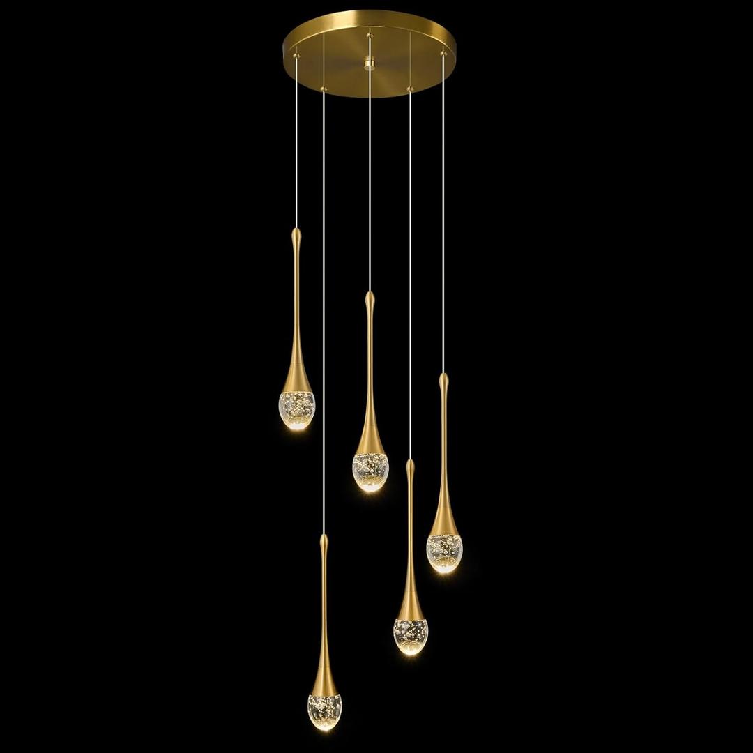 Modern Pendant Lights Kitchen Island Gold Pendant Light with Dimmable LED 4000K Bubble Crystal, Pendant Lighting for Kitchen Island Dining Room and Bar - 5 Light