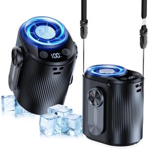 KIMMOO AI Portable Rechargeable Waist Fan with Ice Cooler, 24H Max Cooling, 100-Speed 20000RPM Turbo Cooling Battery Personal Fan, Hands-Free Shirt/Belt/Neck Fan for Work Outdoor Travel, Black