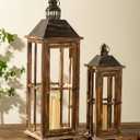 Large Farmhouse Wooden Decorative Lantern Set of 2, Rustic Distressed Brown Burnt Wood Floor Candle Lanterns, Indoor/Outdoor Hanging Lanterns for Home Decor (No Glass)