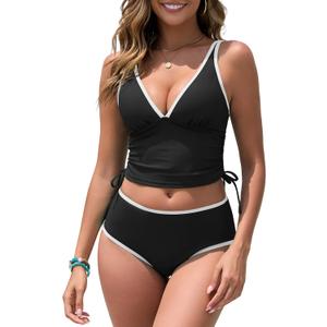 ZAFUL Womens Tankini Swimsuits Tummy Control Bathing Suits 2025 Two Piece Color Block Swim Suit with High Waisted Bottom (Small, Black)