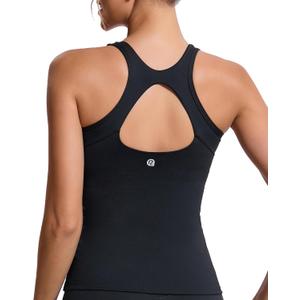 RUNNING GIRL Workout Tank Tops with Built in Bras for Women,Compression Shirt Strappy Back Athletic Yoga Tops (Black, M)