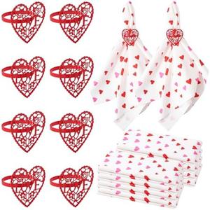 16 Pcs Valentine Napkin Rings and Valentine Cloth Napkins, Metal Heart Valentines Day Napkin Rings Holders Set of 8 & 8 Pcs Pink Red Napkins Cloth for Valentines Day Wedding Dinner Table Decor