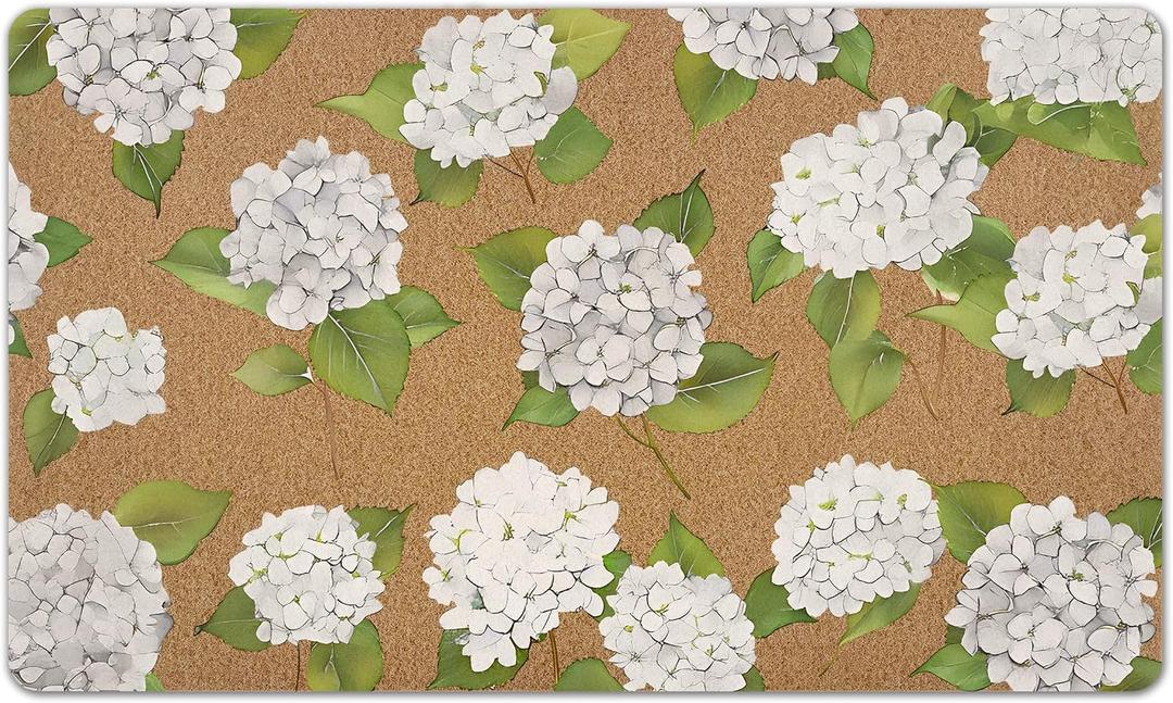 White Hydrangea Floral Door Mat, Hydrangeas Flower Decorative Front Door Mat Outside Entrance, White Hydrangea Artificial Coir Doormat Rugs for Indoor Outdoor Entryway Entry, 17x30 Inch