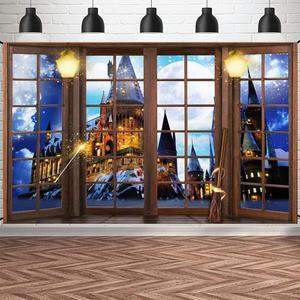 Magic Castle Window Backdrop Wizard School Happy Halloween Background Night Full Moon Halloween Party Decoration Banner Kids Baby Shower Supplies