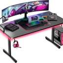 GTPLAYER 55 Inch Gaming Desk with LED Lights, Large Computer Desk with Mouse Pad for Home Office, T-Shaped Carbon Fibre Surface PC Game Workstations with Headphone Hook